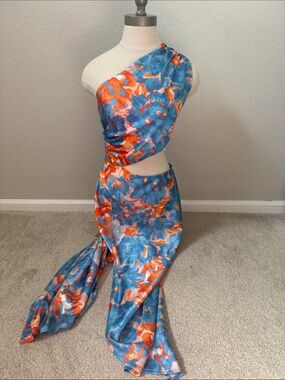 Hello Molly One-Shoulder Blue and Orange Floral Dress